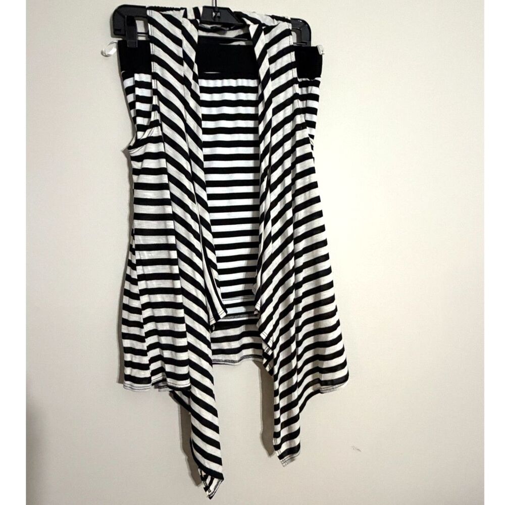 Papaya Black White Striped 2 Piece Set Medium Skirt & Open Front Vest Cardigan